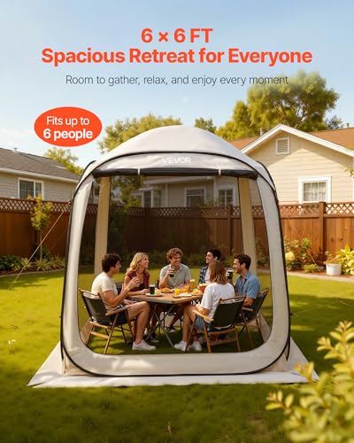 VEVOR Screen House Tent 6x6FT Pop-Up Screen Tent for 4–6 Person, Portable Screen Room Gazebo with Netting, Carry Bag & Gro...