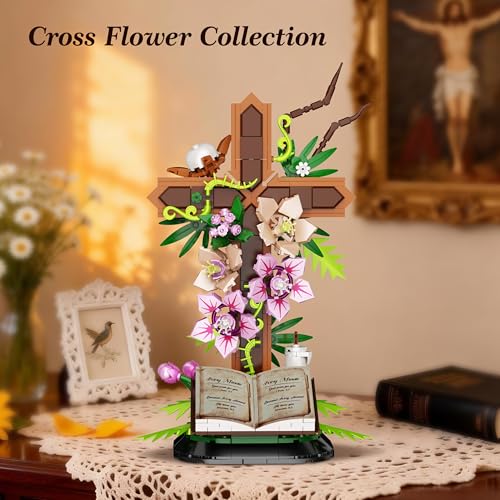 Cross Flower Building Set, Religious Cross Collectibles Compatible with Lego Jesus Catholic Building Toys, Easter, Christi...