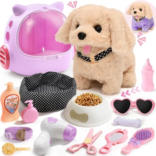 Cleboen 17pcs Robot Dog Toys for Girls Kids Boys 3-6, Realistic Interactive Robot Puppy Dog Plush Toys with Walk & Bark, P...