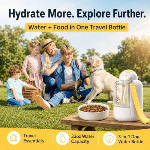Dog Water Bottle with Food Container, 32oz Travel Dog Water Bottle (3 in 1), Leak Proof Portable Water for Dogs with Twist...