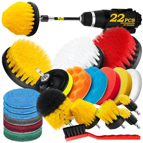 Holikme 22Pack Drill Brush Attachments Set,Scrub Pads & Sponge, Buffing Pads,Power Scrubber Brush,Car Polishing Pad Kit,Wa...