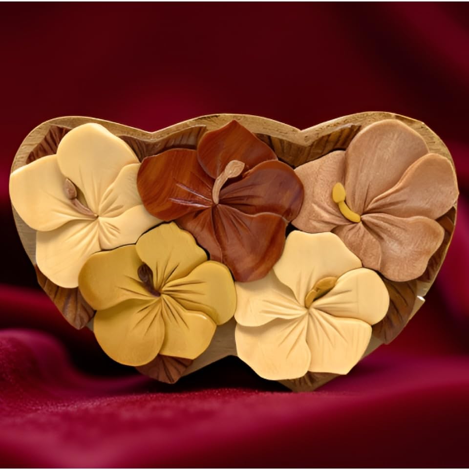 Love in Bloom – Handcrafted Wooden Heart Puzzle Box with Floral Carving | Secret Compartment Keepsake Gift for Anniversar...