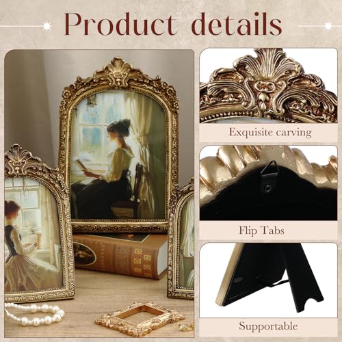 Wonderjune 3 Pcs Vintage Picture Frames Antique Set Baroque Ornate Gold Arched Photo Frames with Glass, Tabletop or Wall f...