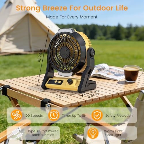 Electactic Rechargeable Camping Fan with 10000mAh Battery, 100-Speed Adjustable, 3-in-1 Desk & Hanging Fan, Timer & Night ...