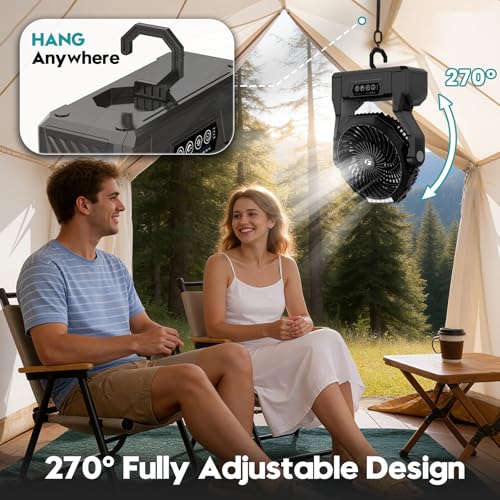 Fentara Camping Fan with 64H Runtime, Rechargeable Battery Powered Portable Fan with LED Light, Quiet Travel Tent Fan for ...