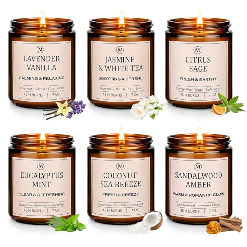 6-Pack Scented Soy Candle Set – Lavender Vanilla, Eucalyptus, Sandalwood, Jasmine & White Tea, Coconut, Sage | Natural Lon...