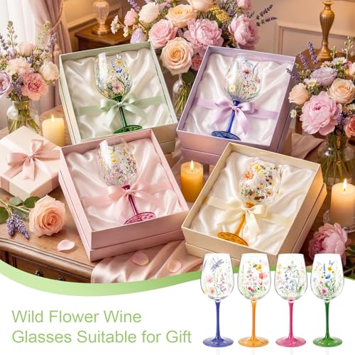 Nuogo 4 PCS Wild Flower Wine Glasses - 15 oz Hand Painted Floral Dragonfly Butterfly Stem Glass Goblet Novelty Gift for Ho...