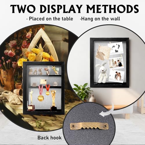 Shadow Box 14x11 Black Picture Frames Display Cases with LED Light,Memory Keepsakes Boxes with 4 Removable Trinket Shelf,f...