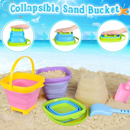 Collapsible Beach Toys for Kids, 3 Pack Foldable Sand Buckets and Shovels Set with Mesh Bag, Silicone Pails Shovels Molds,...