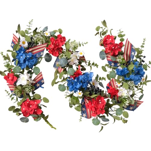 Egolot Patriotic Hydrangea Red White Blue Flower Garland Wreath for Front Door, Forth of July Independence Day Indoor Outd...