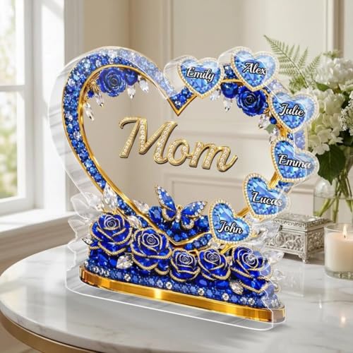 LOVELYPOD Custom Mom Heart With Crystal Roses 2D Acrylic Plaque, Personalized Grandma Plaque with Grandkid Names, Mama Gif...