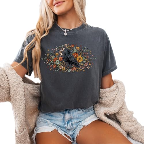 Retro Crow Coffee Design - Womens Comfort Colors - Pepper Grey Floral Raven Botanical Graphic Tee