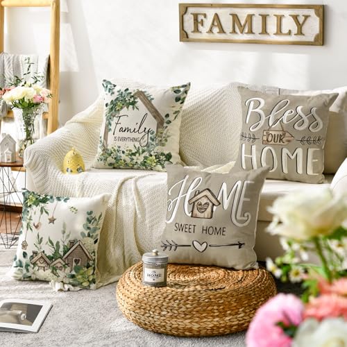AVOIN colorlife Sweet Home Family is Everything Spring Floral Throw Pillow Covers, 18 x 18 Inch Seasonal Eucalyptus Flower...