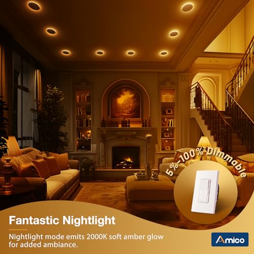 Amico 12 Pack 6 Inch 5CCT LED Recessed Ceiling Light with Night Light, 2700K/3000K/3500K/4000K/5000K Selectable Ultra-Thin...