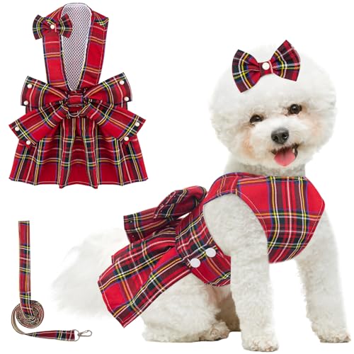 Plaid Dog Dresses for Small Dogs Girl Bowknot Harness Leash Set, Cute Small Dog Dress Harness Dogs Cat Clothes Female with...