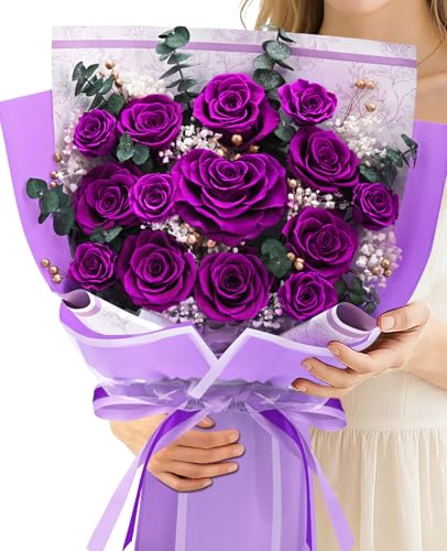 Forever Rose Flowers for Delivery Mothers Day Gifts, 14-Piece Purple Preserved Roses Flowers Bouquet with Vase Gift Box, L...