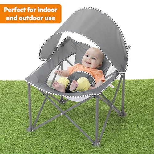Bright Starts Pop 'N Chill Portable Infant Beach Chair, Travel Seat with UPF 50+ Canopy, Indoor/Outdoor Baby Seat, Grey, ...