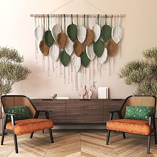 KHOYIME Large Macrame Wall Hanging Boho Woven Tapestry, Chic Home Decor Modern Bohemian Handmade Leaf Feather Wall Art Dec...
