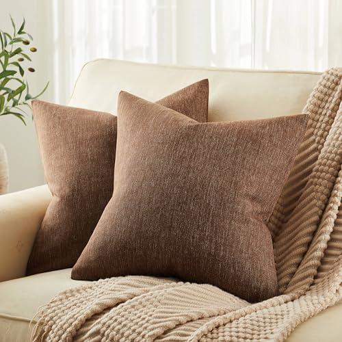 ZeeMart Rustic Cotton Linen Throw Pillow Covers Set of 2, 18x18 Inch Brown, Farmhouse Style Decorative Couch Pillow Cases ...