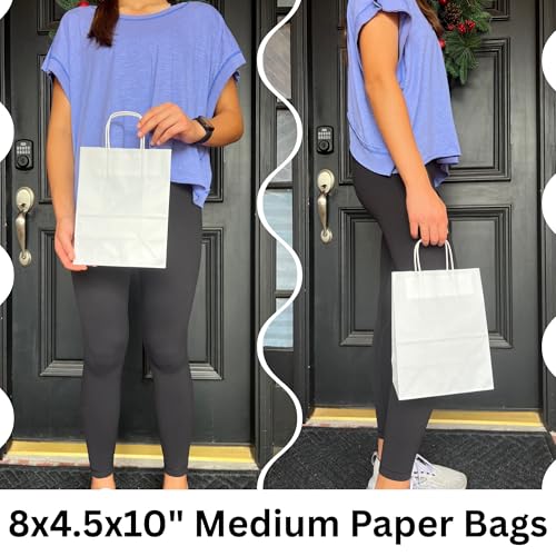Qutuus White Paper Gift Bags with Handles Bulk 25 pcs 8x4.5x10 Medium White Paper Bags for Gifts, Valentines, Shopping, Re...