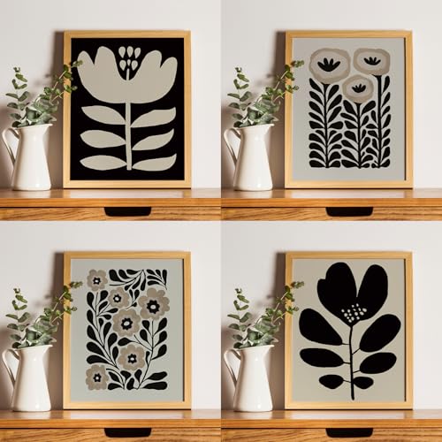 JXREQ Vinatge Boho Abstract Matisse Floral Wall Art, Mid Century Modern Abstract Black and Beige Floral Wall Decor for Hom...