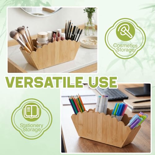 Jetec Scalloped Bamboo Wooden Pencil Holder, Desk Holder with 4 Slots for Desk Organizer Makeup Brushes Pens and Remote St...