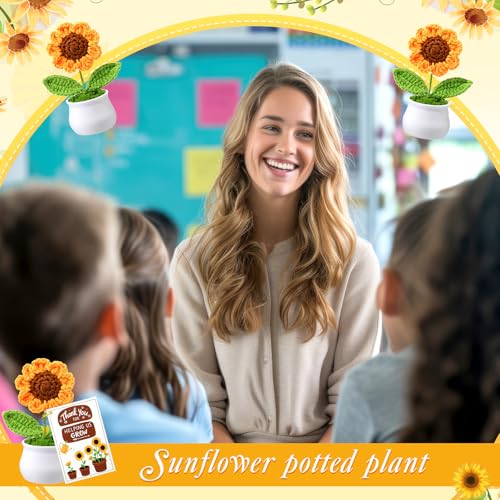 Soaoo 12 Sets Teacher Gifts Crochet Flowers with Thank You for Helping Me Grow Cards Appreciation Gifts for Teachers Cowor...