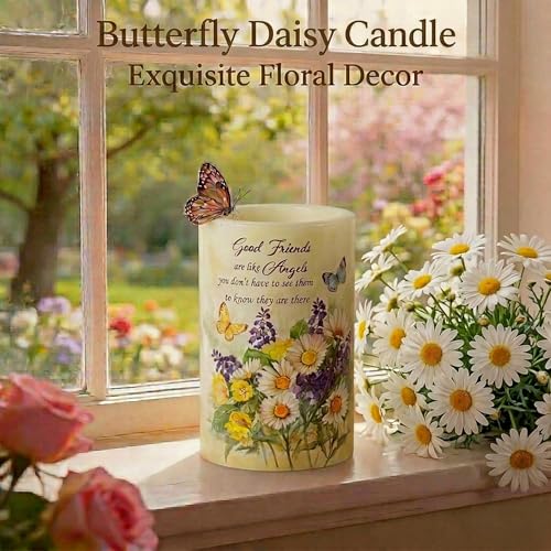 Real Wax Flameless Candles 4x6, Butterfly Daisy LED Pillar Candle with Timer, Battery Operated Flickering Candle, Spring F...