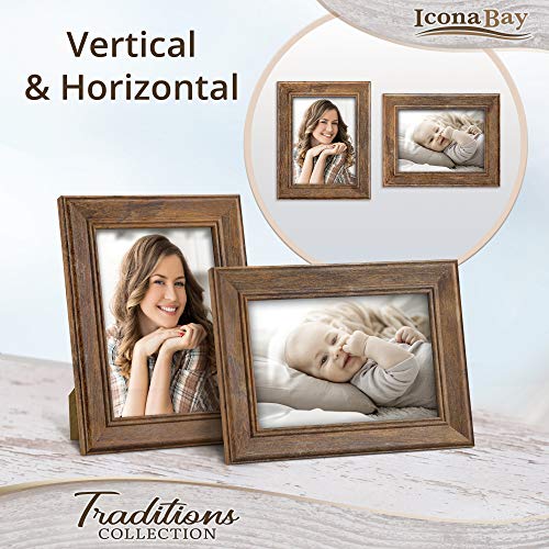Icona Bay - 5x7 Chestnut Brown Picture Frame - Rustic Wood Pattern - Lightly Distressed Frame for Table Top Display or Wal...