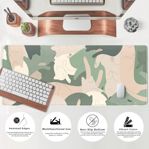 Green Simple Cat Desk Mat Sleeping Cute Long Cool Mouse Pad for Laptop Gaming Computer Keyboard Pad Office Decor Desk Pads...