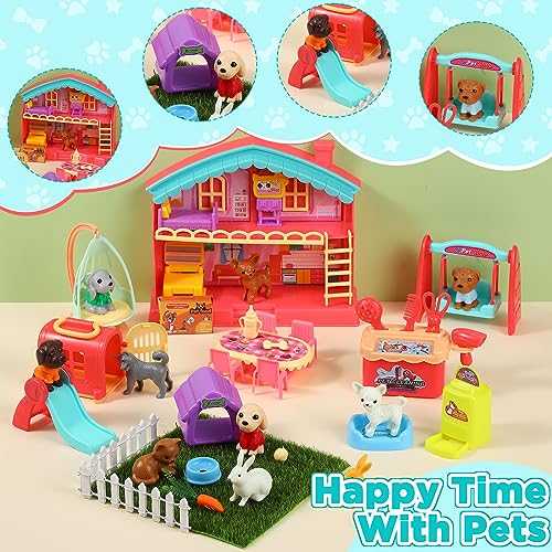 Leyndo 48 Pcs Dog and Cat Pet Figurine Playset Role Pretend Toy Set for Kids Realistic Educational Pet Care Center Dollhou...