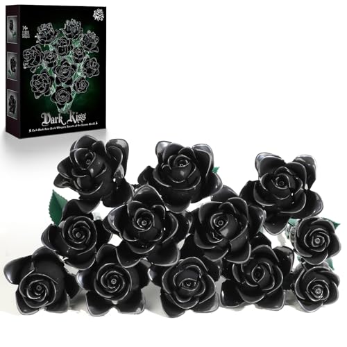 12 Black Roses Building Block Bouquet Set, 585 PCS Artificial Flowers– Symbol of Mystery, Elegance & Transformation – Goth...