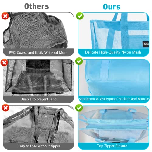 ZUXNZUX Mesh Beach Bag - Large Waterproof Beach Tote Bag with Zipper, Oversized Foldable Lightweight Family Swim Bag Vacation