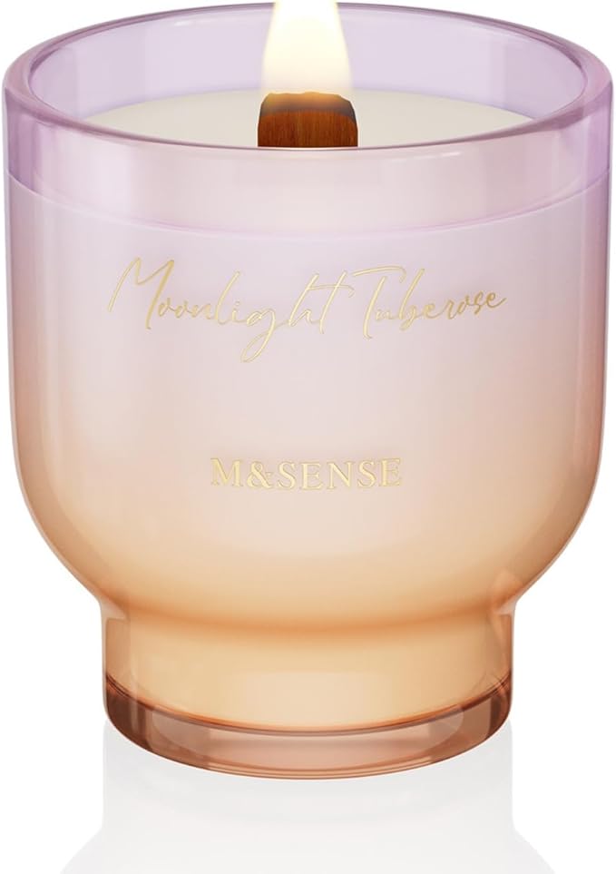 M&SENSE 9.88oz Natural Soy Wax Jar Candle with Wooden Wick | Moonlight Tuberose Scent | 55-Hour Burn & Long-Lasting Burn |...