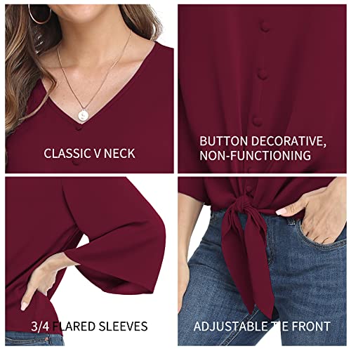 VIISHOW Women's Button V Neck Chiffon Tops 3/4 Bell Sleeve Tie Knot Casual Blouses Loose Summer Shirts