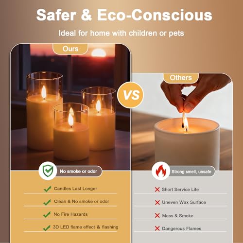 Eynshoo Gold Flameless LED Candles with Remote & Timer, 3-Piece Flickering Pillar Candle Set, Realistic Flame Effect, Adju...