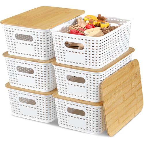 EOENVIVS Plastic Storage Baskets with Bamboo Lids for Pantry Organization and Storage Containers Bins for Shelves Drawers ...