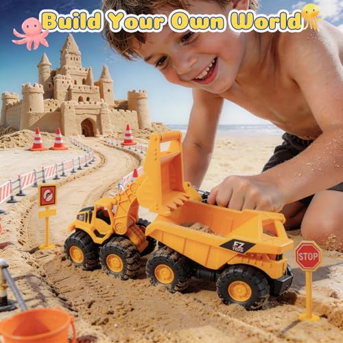 UBeesize 37 PCS Beach Toys , 3-in-1 Construction & Treasure Hunt Sand Toys with 2 Collapsible Buckets, 2 Trucks, Castle Bu...
