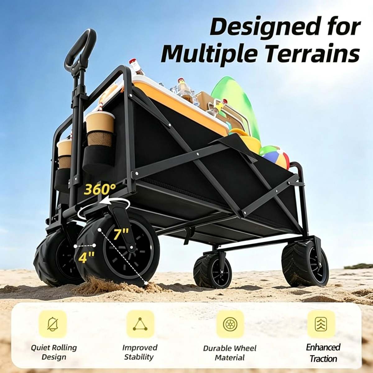Foldable Multifunctional Camp Trailer Large Capacity Outdoor Camping Beach Trolley Available In Black And Beige