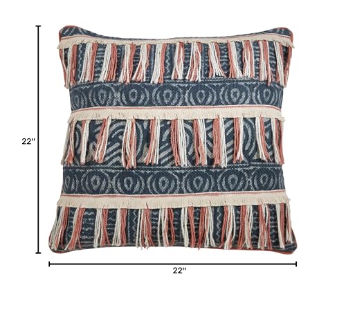 SARO LIFESTYLE Beechums Collection Block Print Embroidered Fringed Poly Filled Pillow, 22", Blue