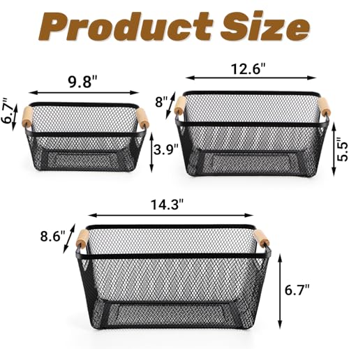 Noamus 3 Pack Metal Mesh Basket with Wooden Handle, Farmhouse Wire Steel Storage Bins, Rectangle Fruit Vegetable Organizer...