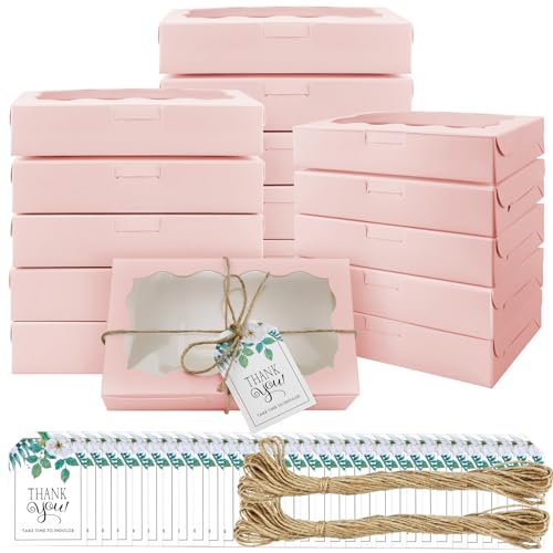 Jyongmer 40 Pack Cookie Boxes with Clear Window, 7 x 4 3/8 x 1½ Inch Small Pink Kraft Candy Boxes Premium Pastry Boxes wit...