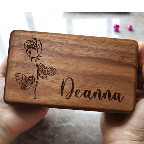 EIFLR Same-Day Shipping, Custom Wooden Jewelry Box Personalized Jewelry Organizer Travel Case With Name and Birth Flower f...