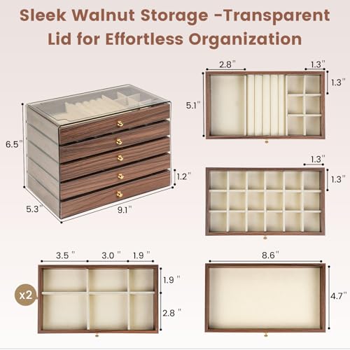 Simple Supplies Wooden Jewelry Box for Women, 5-Layer Jewelry Organizers and Storage with 5 Drawers & Velvet Trays, Large ...