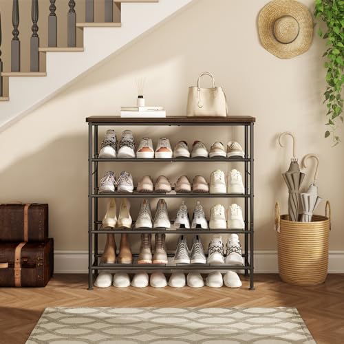 SUOERNUO Shoe Rack Organizer 5 Tier for Closet Entryway Free Standing Metal Storage Shoe Shelf with MDF Top Board，Black+Ru...