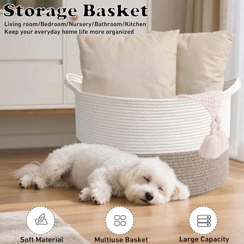 HZFTJOY Large Woven Blanket Basket,65L Cotton Rope Laundry Basket Hamper with Handles, Decorative Nursery Basket Storage B...