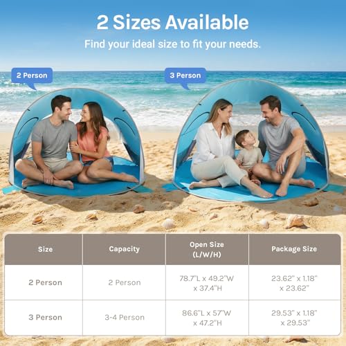 Wolfwise Pop up Beach Tent Sun Shelter with UPF50+ UV Protection, Instant Easy Setup Popup Beach Shade Canopy for 3 Perso...