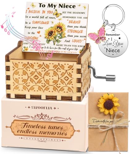 Swooflia Mother's Day Wooden Music Box for Niece with Sunflower Greeting Card - Hand Crank Engraved Musical Box Vintage Me...