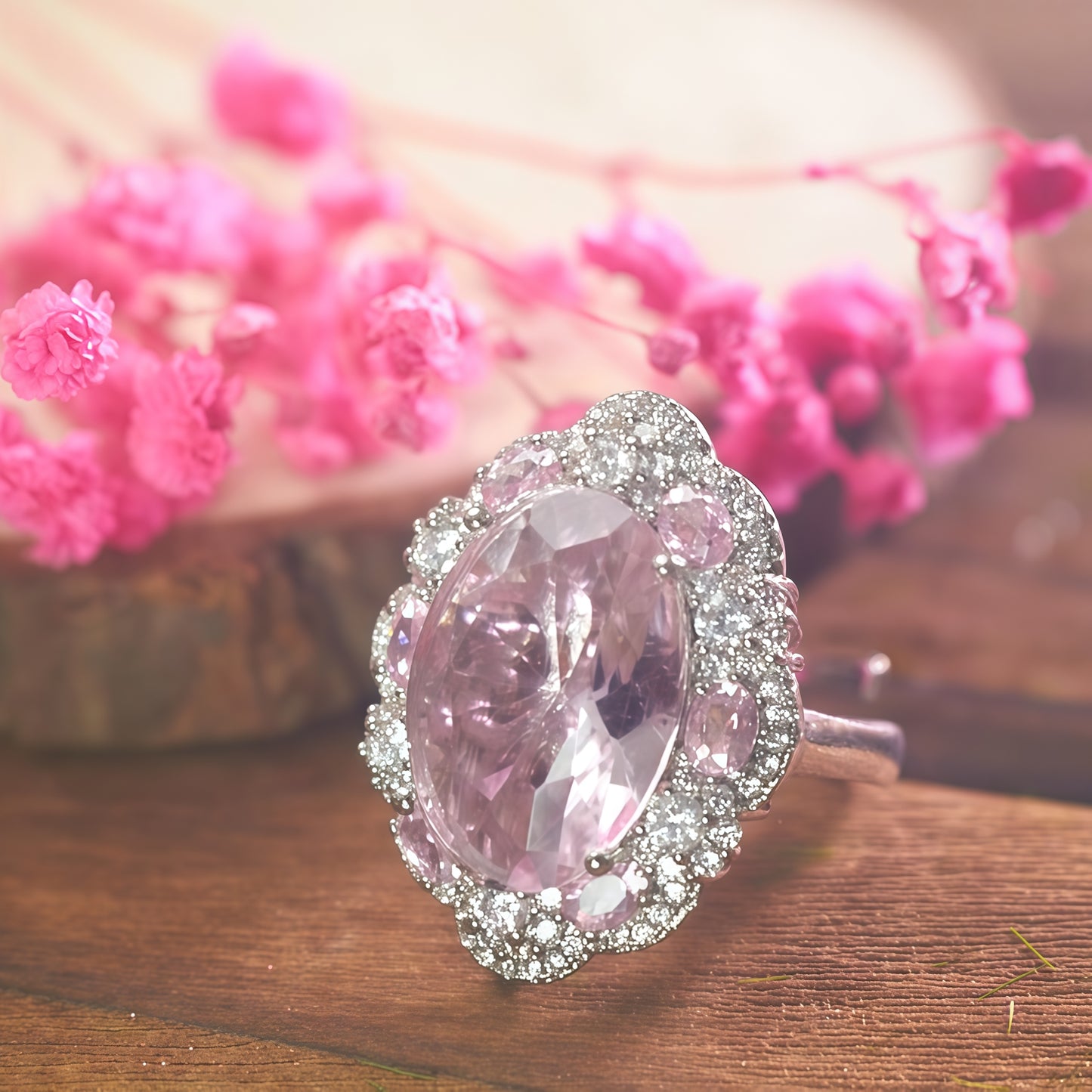 Oval Large  CZ Multi-Tone Floral Halo Statement Ring For Women, Copper Plated Silver Mixed  White Crystal Vintage Wedding Cocktail Jewelry Gift