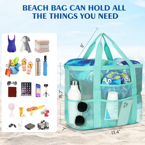Ymomode Beach Bag - Mesh Beach Bag Large 8 Pockets, Beach Tote Bag Beach Essentials for Vacation Must Haves